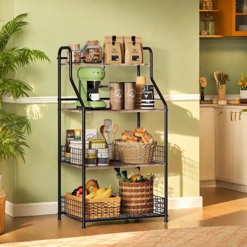 Kitchen Baking Table - Four-layer iron wood storage rack, microwave